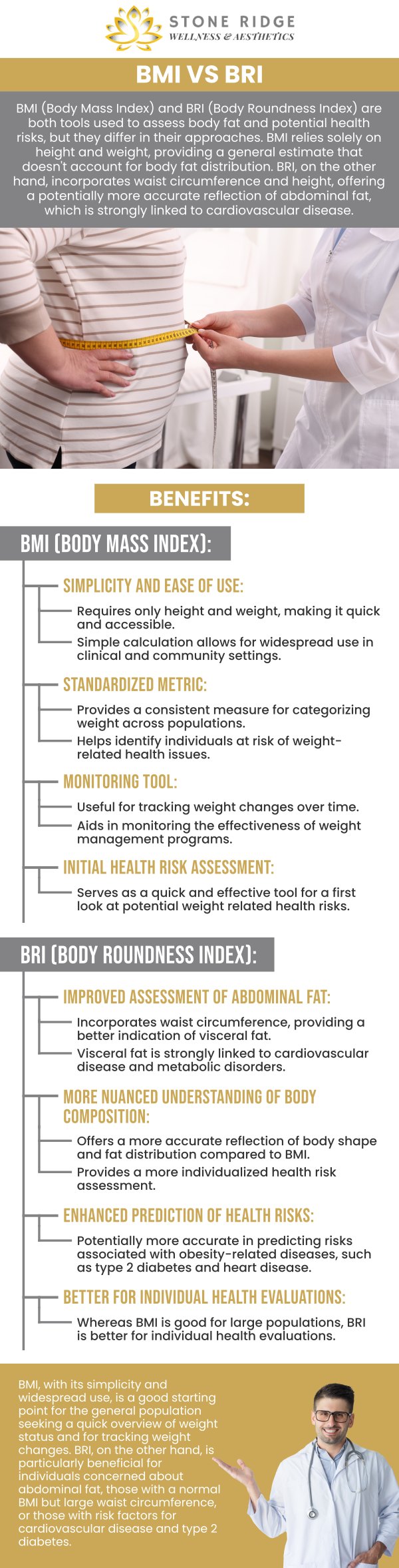 Body Roundness Index (BRI) and Body Mass Index (BMI) are tools for assessing body composition, but they provide different insights. While BMI measures weight relative to height and overlooks fat distribution, BRI focuses on body shape and offers a better assessment of fat distribution, particularly abdominal fat linked to higher health risks. Visit Stone Ridge Wellness & Aesthetics to learn about effective weight loss strategies from our specialist, Dr. Ria Shirsolkar, MD, MS. For more information, contact us or schedule an appointment online. We are conveniently located at 24560 Southpoint Dr, Suite 220, Aldie, VA 20105. Body Roundness Index (BRI) and Body Mass Index (BMI) are tools for assessing body composition, but they provide different insights. While BMI measures weight relative to height and overlooks fat distribution, BRI focuses on body shape and offers a better assessment of fat distribution, particularly abdominal fat linked to higher health risks. Visit Stone Ridge Wellness & Aesthetics to learn about effective weight loss strategies from our specialist, Dr. Ria Shirsolkar, MD, MS. For more information, contact us or schedule an appointment online. We are conveniently located at 24560 Southpoint Dr, Suite 220, Aldie, VA 20105.